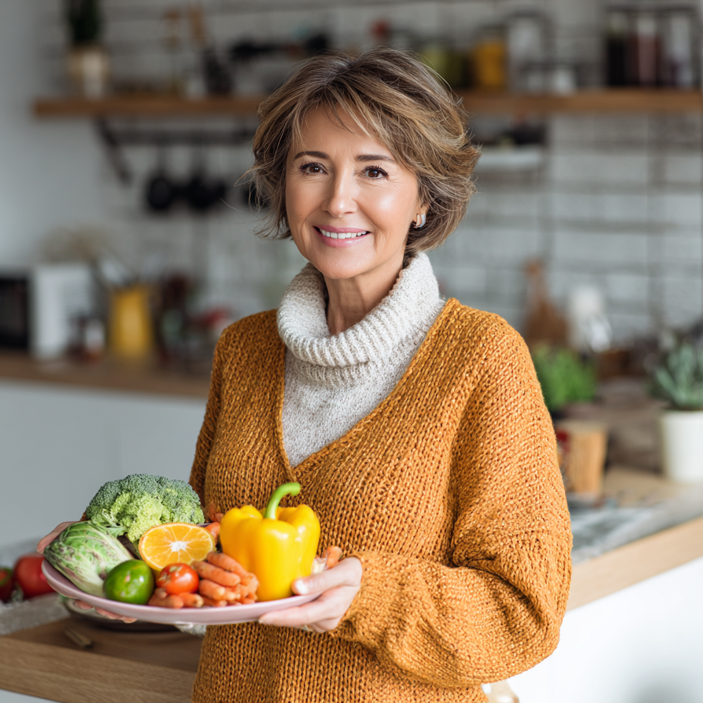 Smiling middle-aged Ukrainian woman holding a colorful bowl of fresh vegetables and grains, sitting at a modern kitchen table with natural lighting