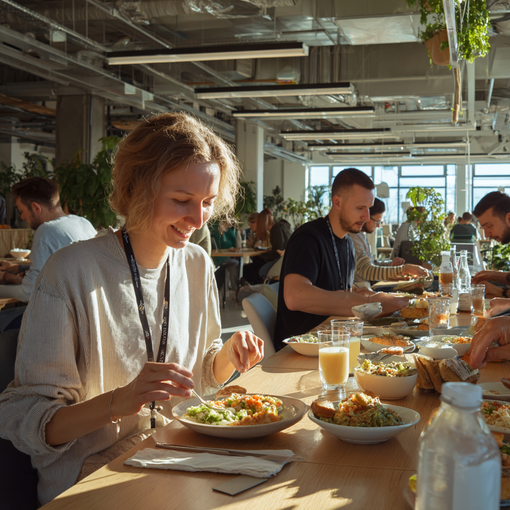 Group of smiling Ukrainian adults of various ages sharing a healthy meal together around a wooden table, showing joy and community